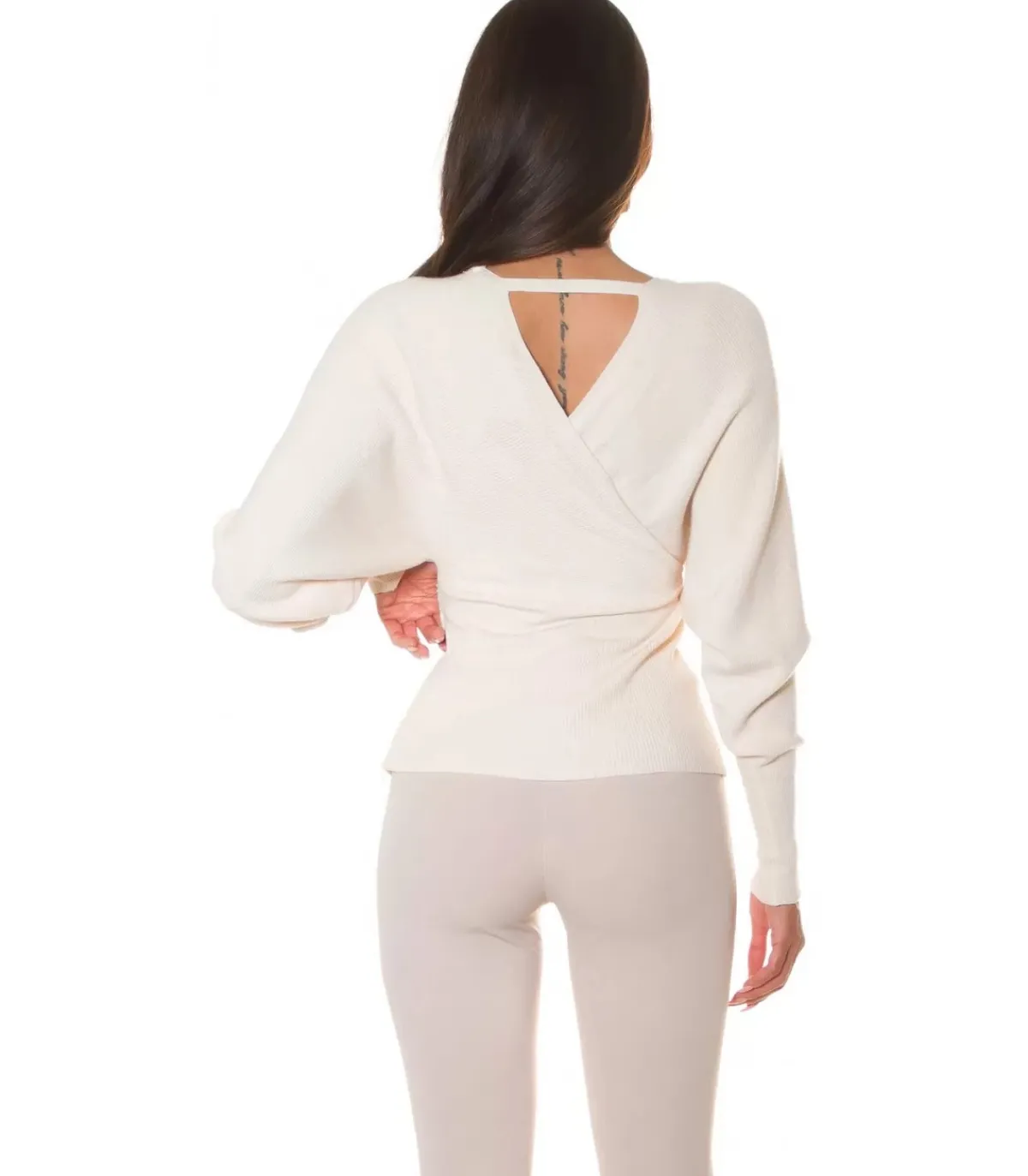 Hersecret Beige koristeinen lepakkohihainen wrap-look v-neule
