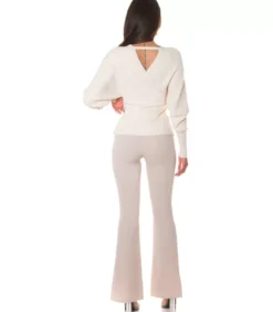 Hersecret Beige koristeinen lepakkohihainen wrap-look v-neule
