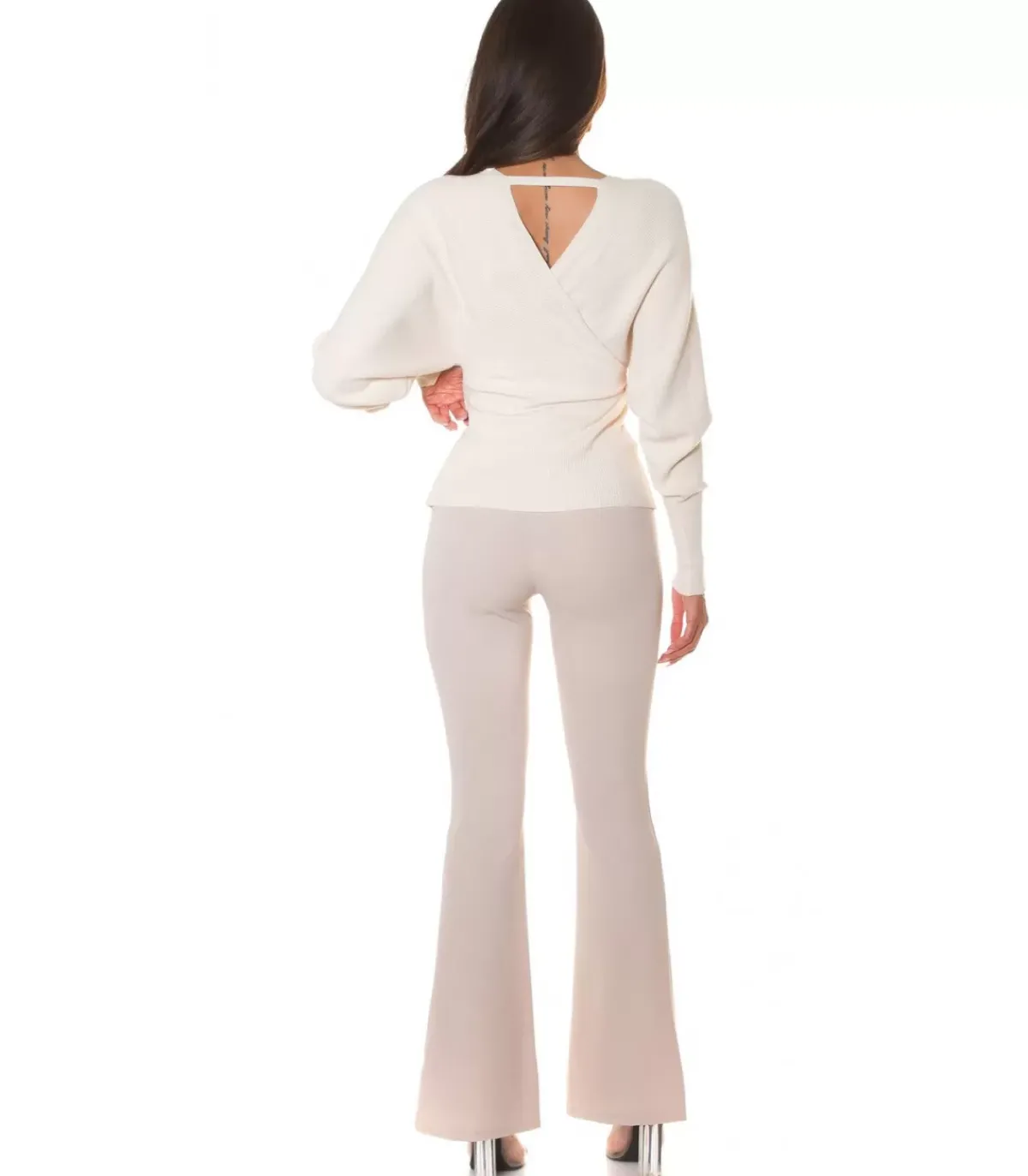 Hersecret Beige koristeinen lepakkohihainen wrap-look v-neule