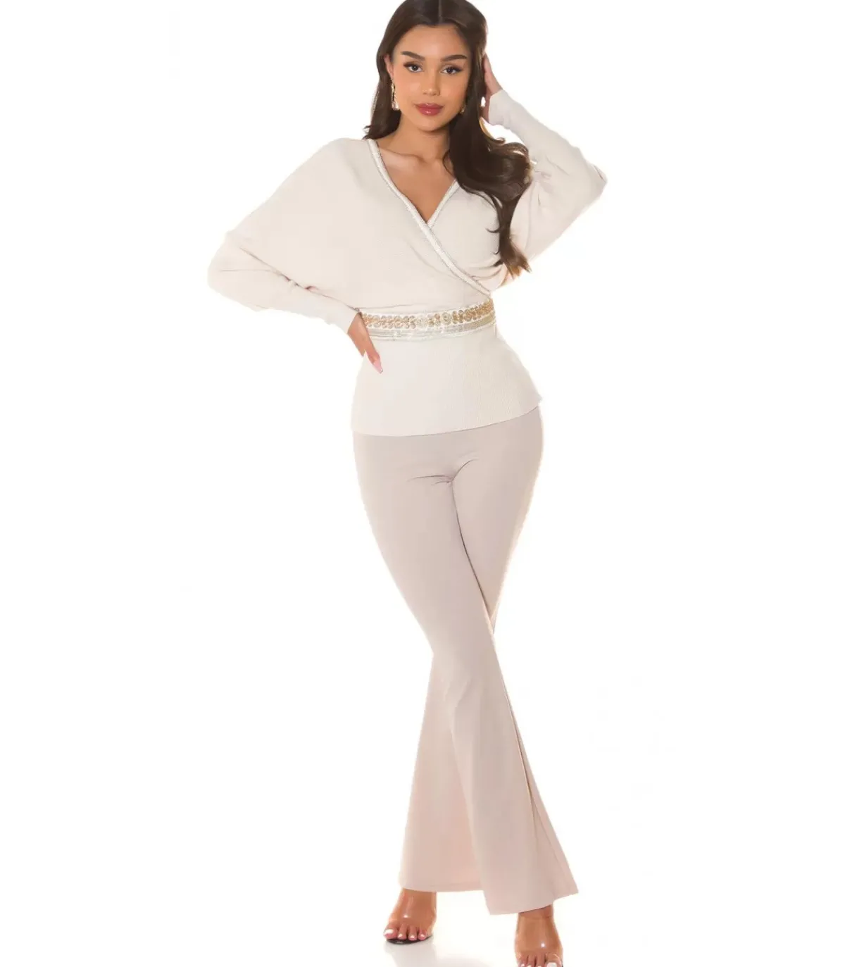 Hersecret Beige koristeinen lepakkohihainen wrap-look v-neule