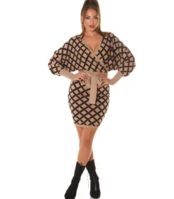 Hersecret Beige kuviollinen lepakkohihainen wrap-look v-neulemekko