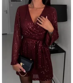 EB viininpunainen wrap-look v-paljettimekko vyöllä