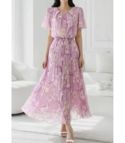 Elle Style Debie vaaleanpunainen pitkä kukkakuvioinen vekkimekko