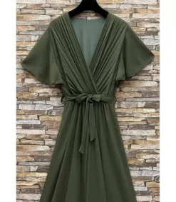 Elle Style Elise khaki pitkä juhlamekko vyöllä