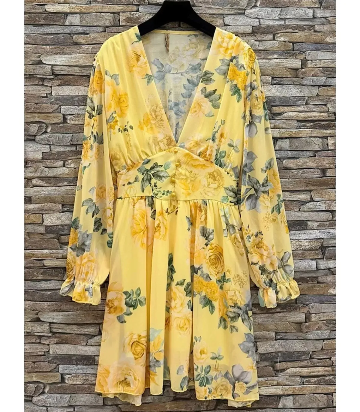 Elle Style Juliette keltainen ruusukuvioinen mekko helminapeilla