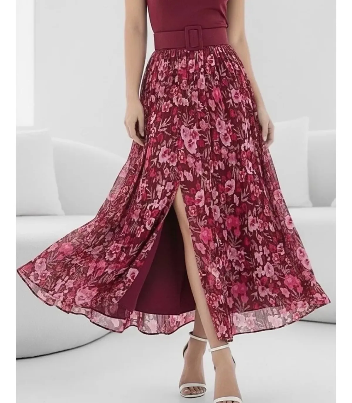 Elle Style Latina viininpunainen kuviollinen maksihame halkiolla