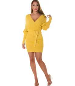 Koucla Keltainen wrap-look v-neulemekko lepakkohihoilla ja vyöllä