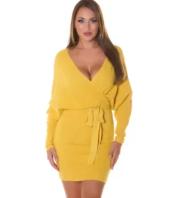 Koucla Keltainen wrap-look v-neulemekko lepakkohihoilla ja vyöllä