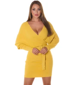 Koucla Keltainen wrap-look v-neulemekko lepakkohihoilla ja vyöllä