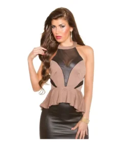 Koucla cappuccino mesh peplum-toppi
