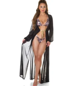 Koucla musta pitkä mesh-kimono kultanauhoilla