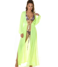 Koucla neonkeltainen pitkä mesh-kimono kultanauhoilla