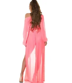 Koucla neonkoralli pitkä mesh-kimono kultanauhoilla