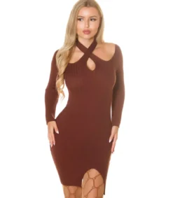 Koucla ruskea off-shoulder ribbineulemekko kurkistusaukolla