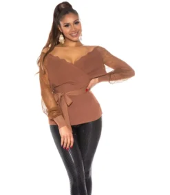 Koucla ruskea pitsihihainen wrap-look v-neule vyöllä
