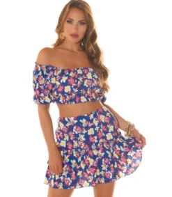 Koucla sininen kukkakuvioinen off-shoulder hamesetti