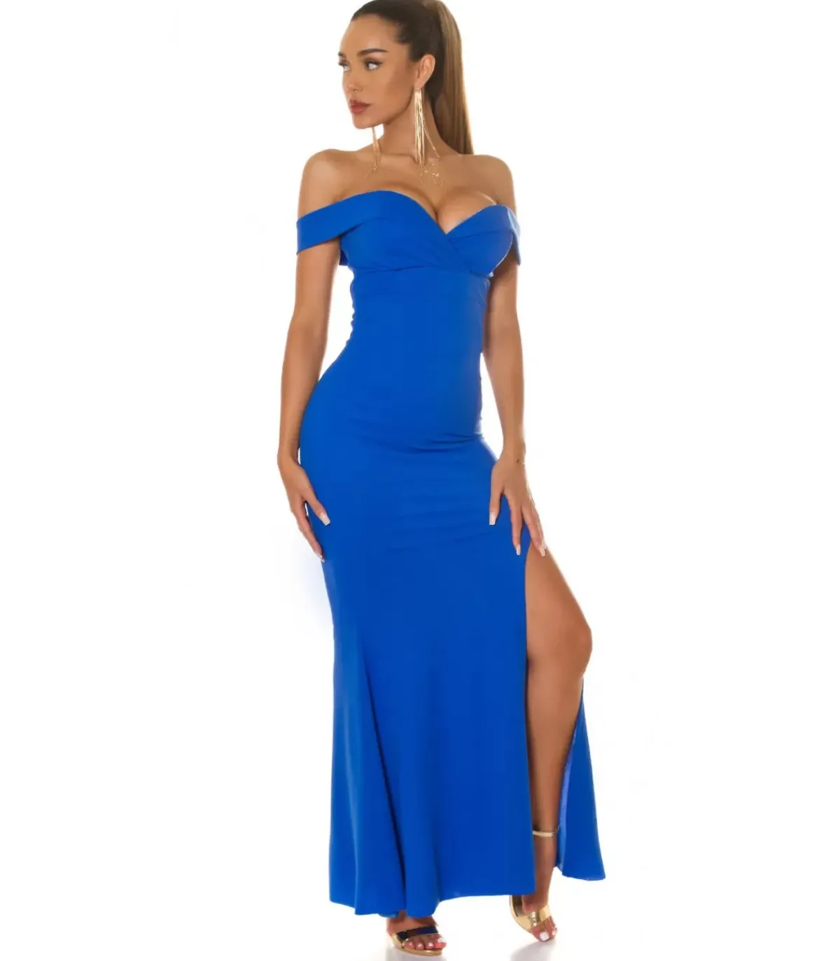 Koucla sininen off-shoulder pitkä juhlamekko halkiolla