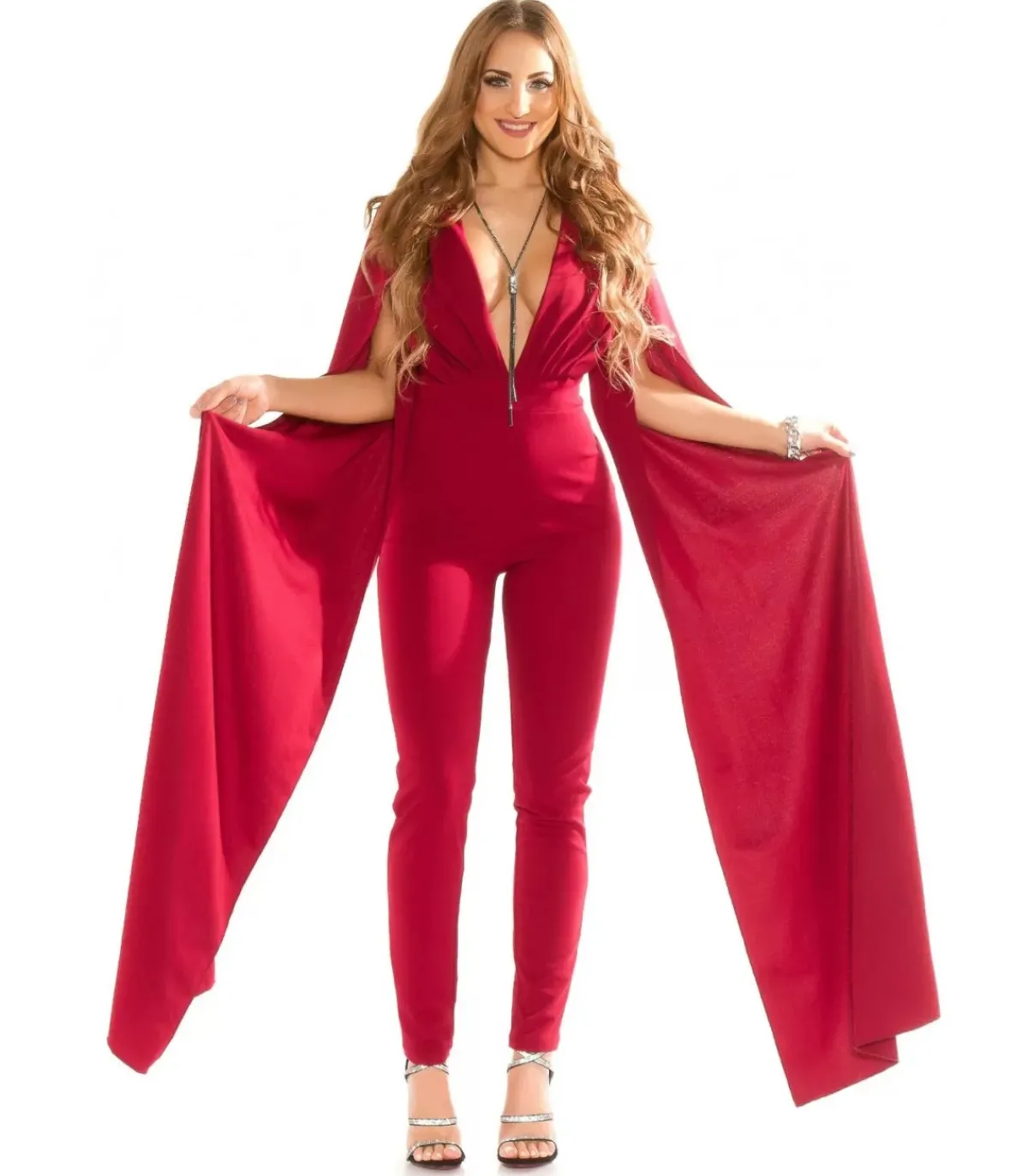 Koucla viininpunainen v-jumpsuit liehuksilla