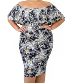 LC Kukkakuvioinen off-shoulder midimekko röyhelöllä (plus size)