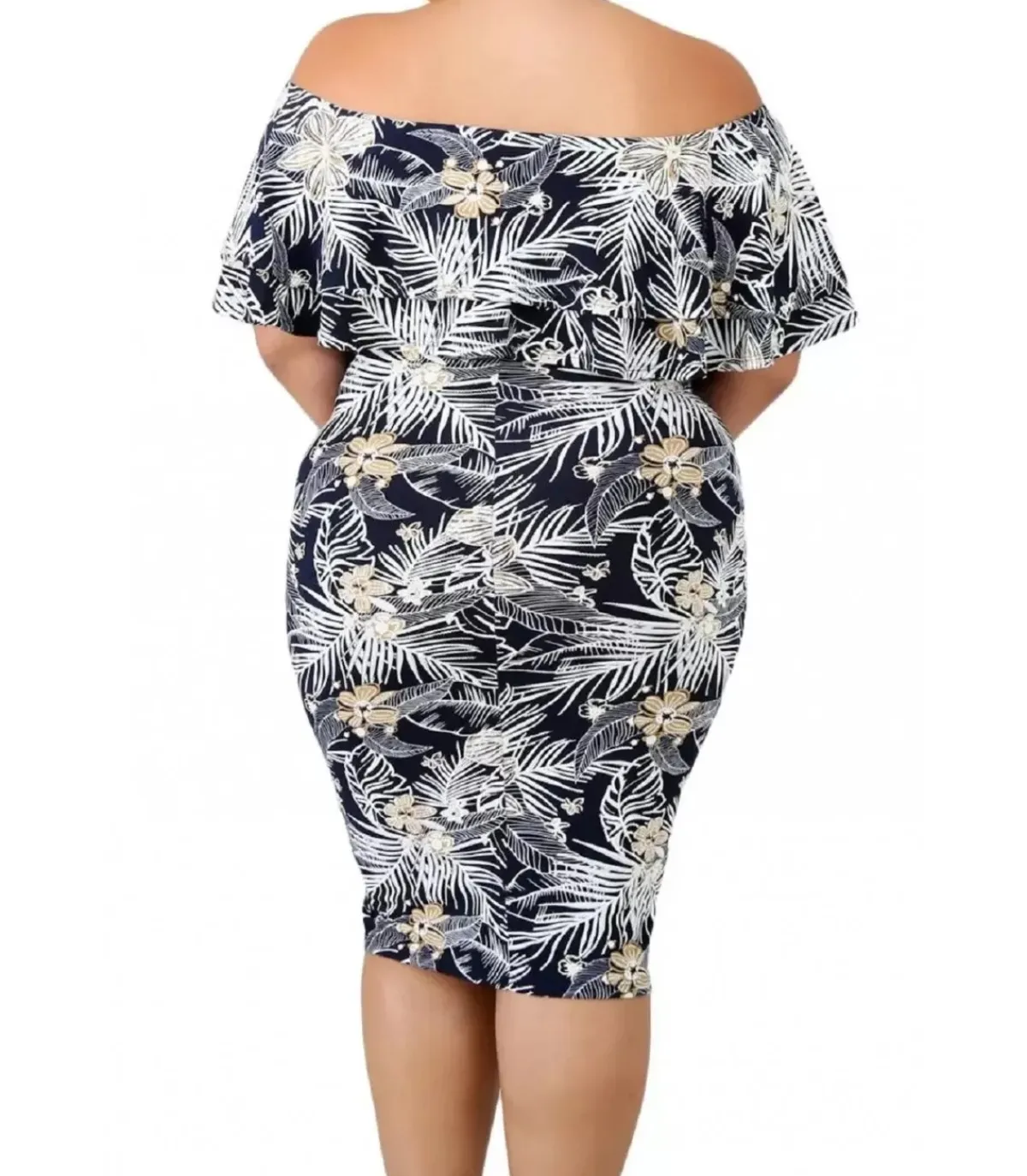LC Kukkakuvioinen off-shoulder midimekko röyhelöllä (plus size)