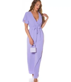 Koucla Lila lyhythihainen leveälahkeinen v-jumpsuit vyöllä
