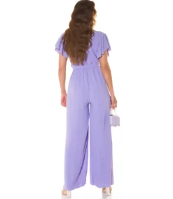 Koucla Lila lyhythihainen leveälahkeinen v-jumpsuit vyöllä