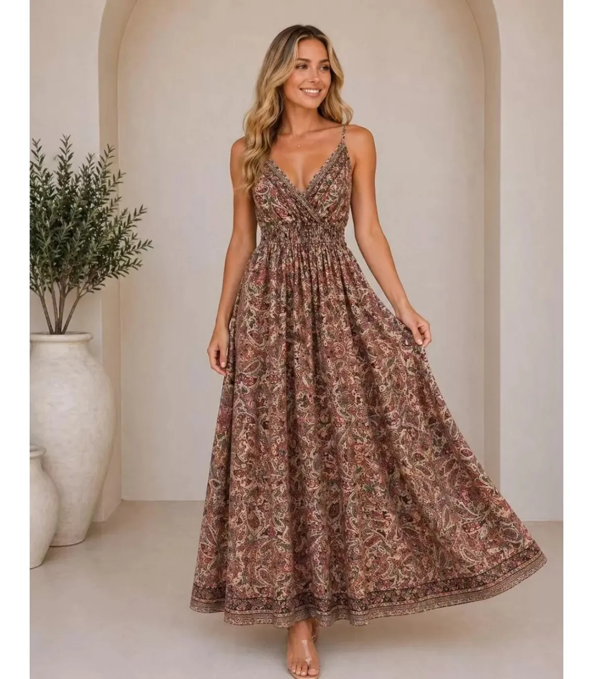 Hersecret Miss Sara ruskea kultaprinttikuvioinen v-maksimekko
