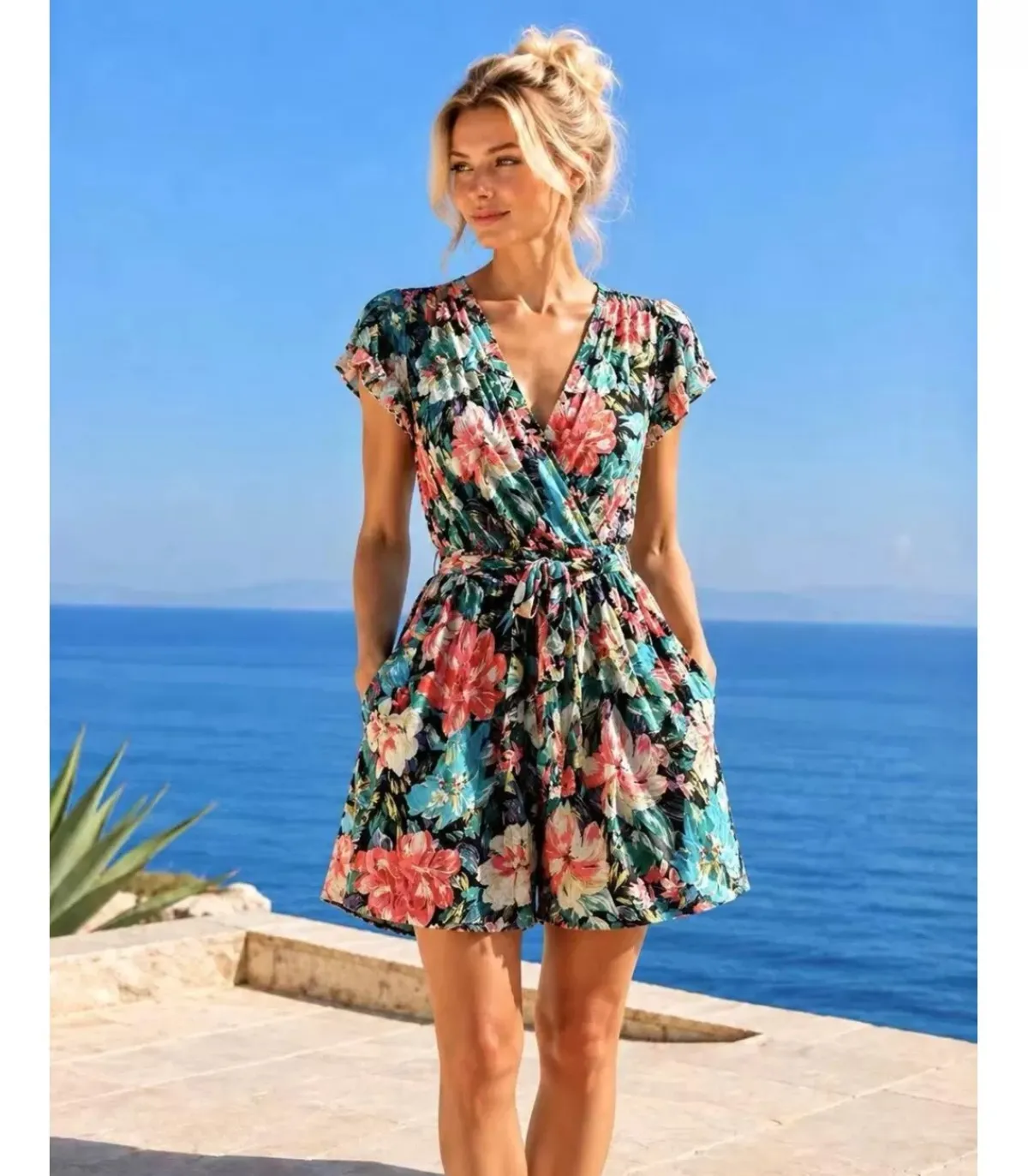 Hersecret Miss Sara värikäs kukkakuvioinen v-playsuit vyöllä