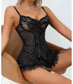 Hersecret Musta babydoll strasseilla ja sukkanauhaliiveillä