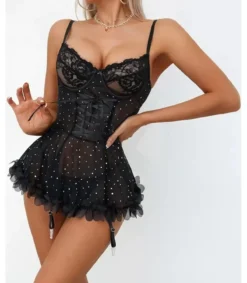 Hersecret Musta babydoll strasseilla ja sukkanauhaliiveillä