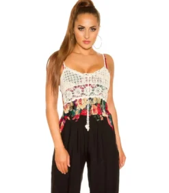 Koucla Musta kukkakuvioinen jumpsuit virkkauksella