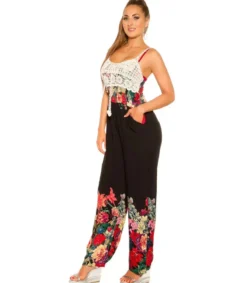 Koucla Musta kukkakuvioinen jumpsuit virkkauksella