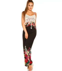 Koucla Musta kukkakuvioinen jumpsuit virkkauksella