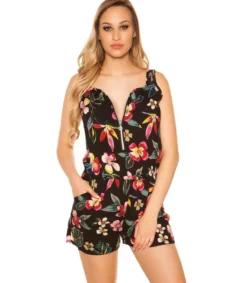 Koucla Musta kukkakuvioinen vetoketjukoristeinen playsuit