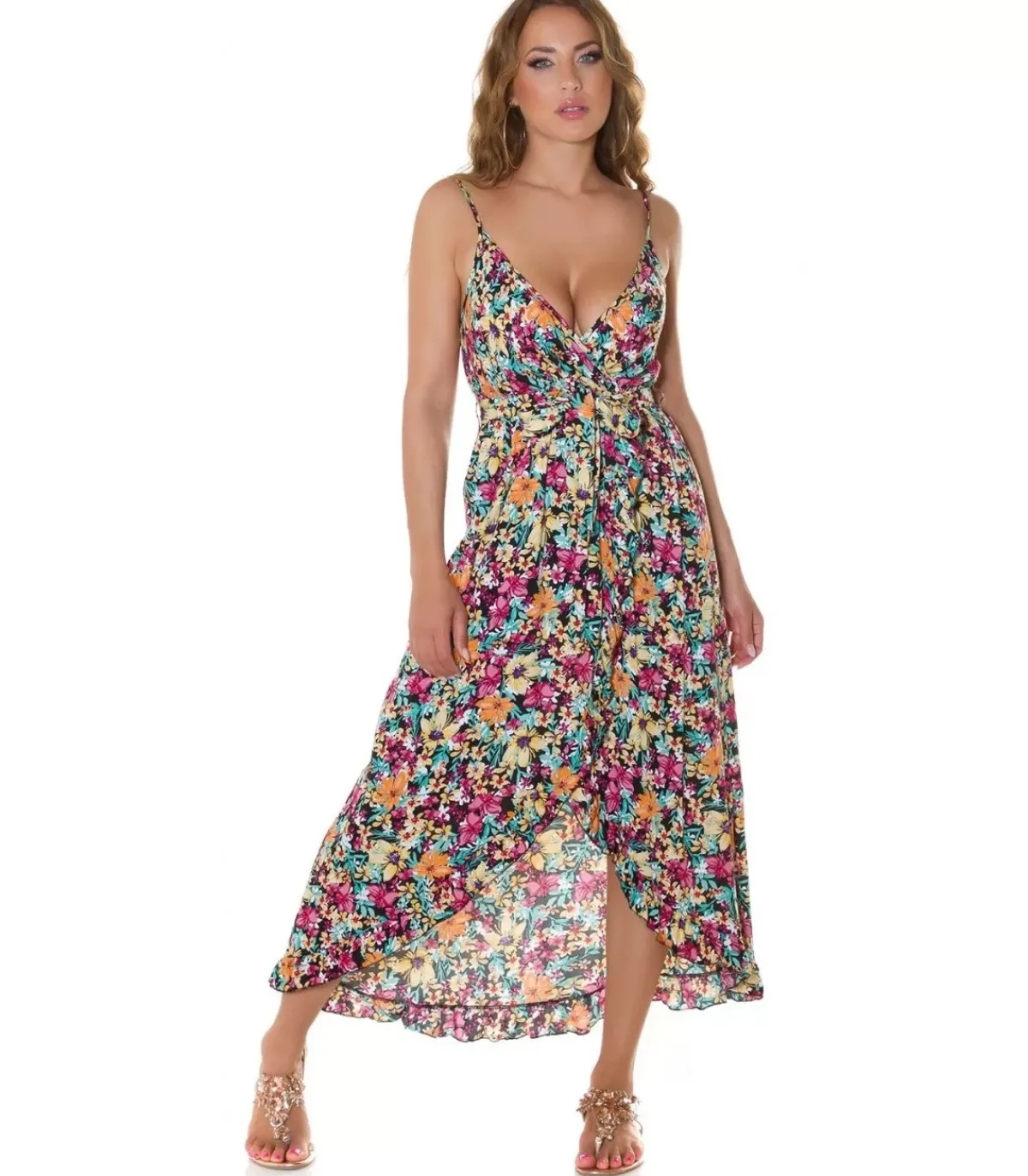 Koucla Musta kukkakuviollinen high low v-kesämekko