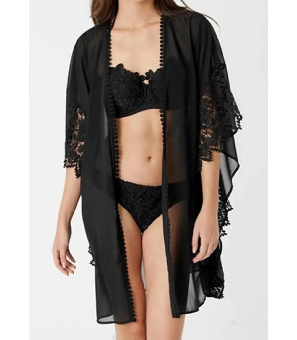 LC Musta mesh kimono koristekirjailuilla