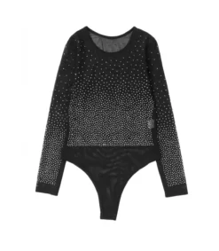 LC Musta pitkähihainen strassiniittikoristeinen mesh-body