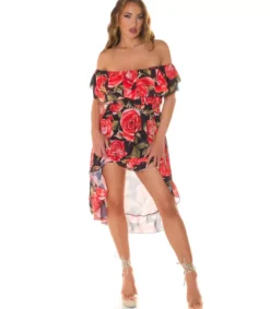 Koucla Musta ruusukuvioinen off-shoulder high low -mekko ketjuvyöllä