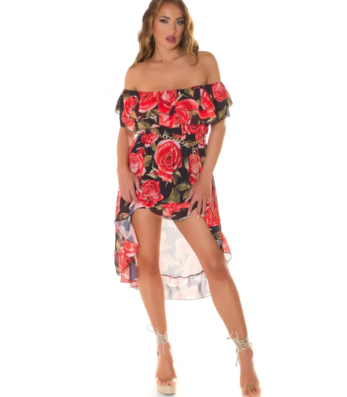 Koucla Musta ruusukuvioinen off-shoulder high low -mekko ketjuvyöllä