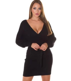 Koucla Musta wrap-look v-neulemekko lepakkohihoilla ja vyöllä