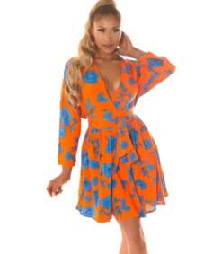 Koucla Oranssisininen kukkakuvioinen wrap-look v-mekko