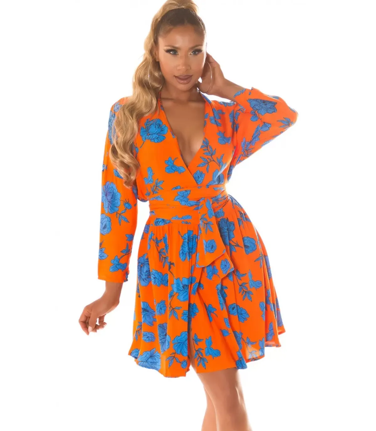 Koucla Oranssisininen kukkakuvioinen wrap-look v-mekko