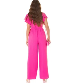 Koucla Pinkki lyhythihainen leveälahkeinen v-jumpsuit vyöllä