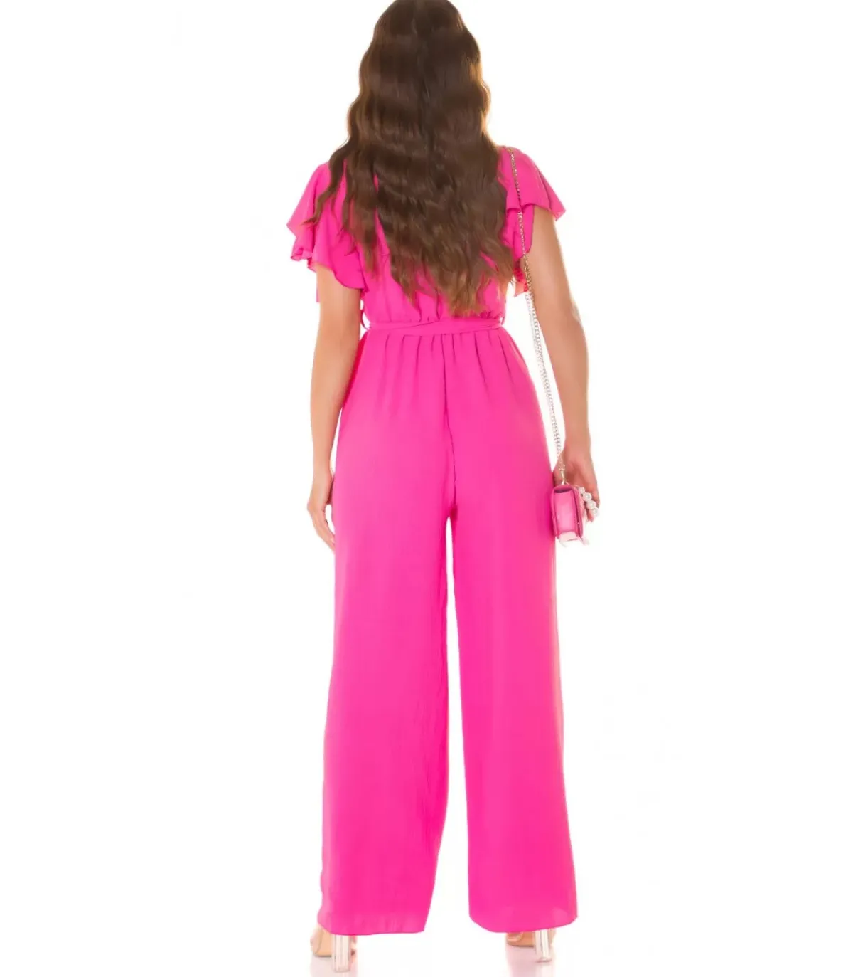 Koucla Pinkki lyhythihainen leveälahkeinen v-jumpsuit vyöllä