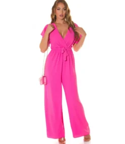 Koucla Pinkki lyhythihainen leveälahkeinen v-jumpsuit vyöllä
