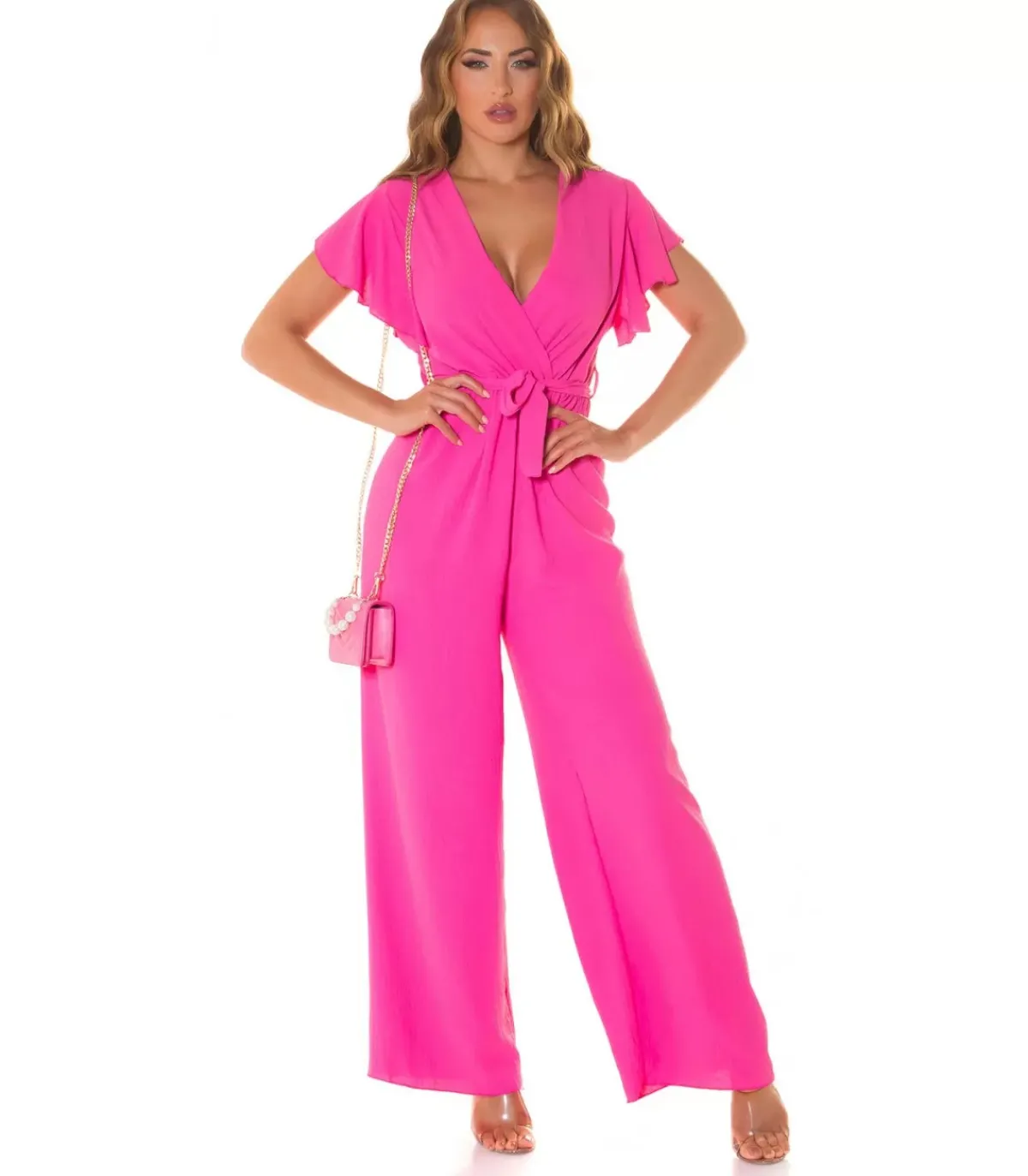 Koucla Pinkki lyhythihainen leveälahkeinen v-jumpsuit vyöllä