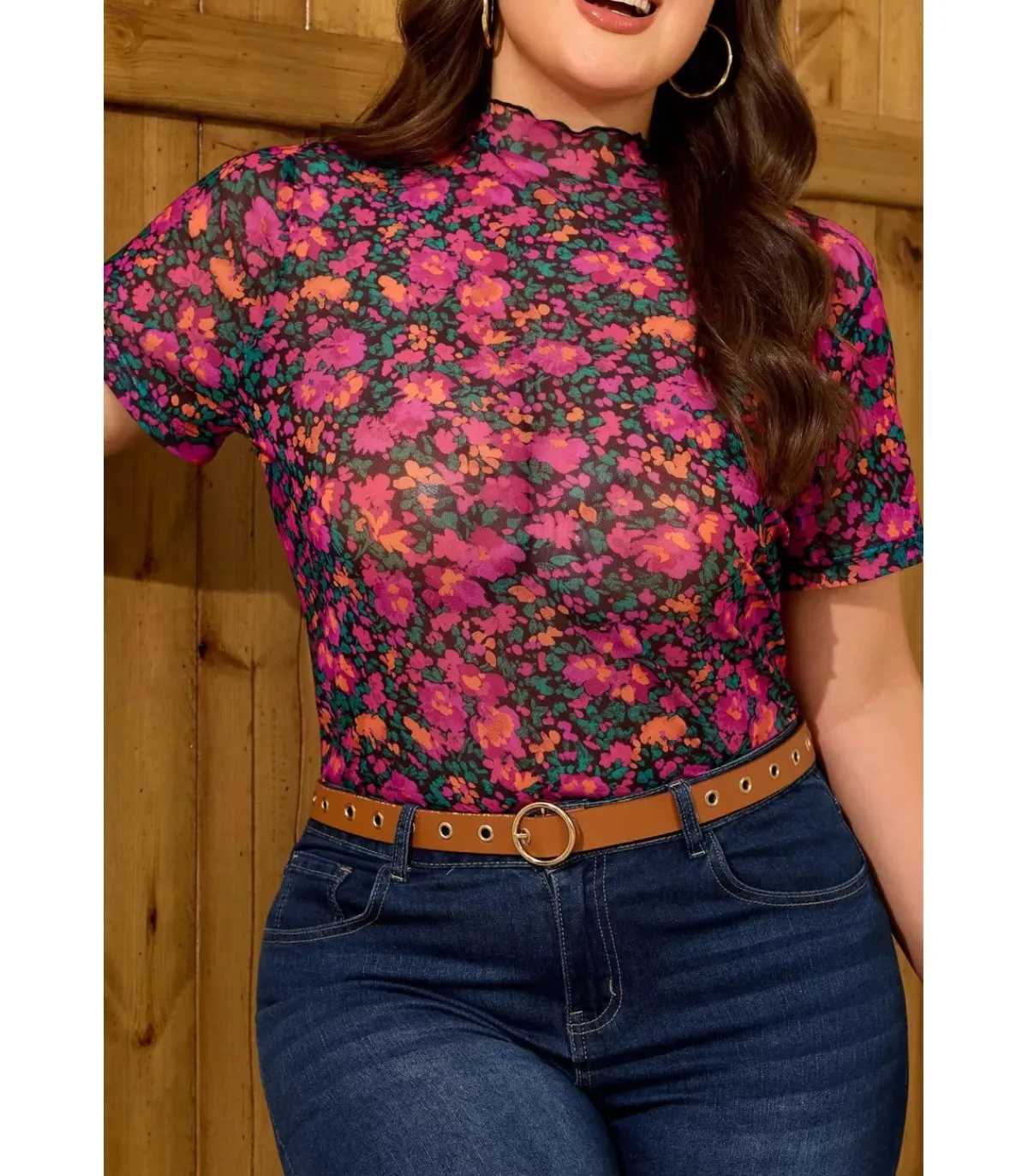 LC Pinkki lyhythihainen mesh-kukkapaita (plus size)