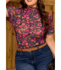 LC Pinkki lyhythihainen mesh-kukkapaita (plus size)