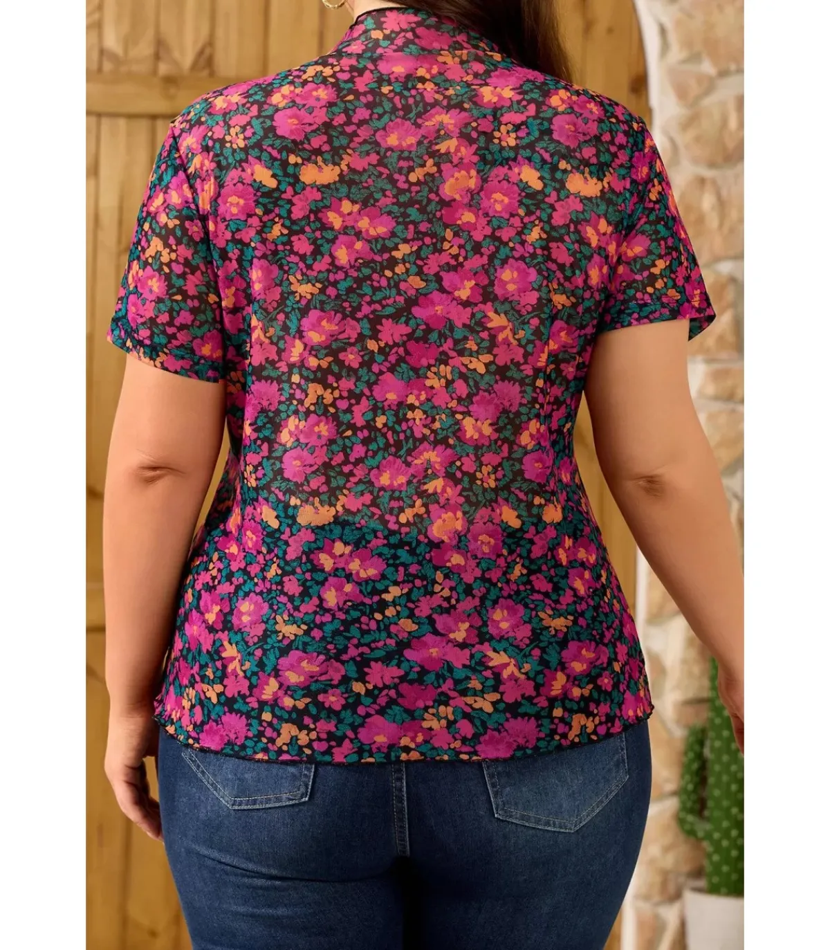 LC Pinkki lyhythihainen mesh-kukkapaita (plus size)