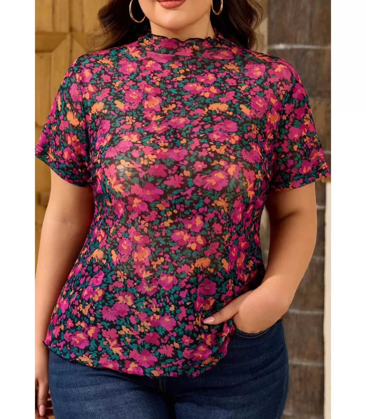 LC Pinkki lyhythihainen mesh-kukkapaita (plus size)